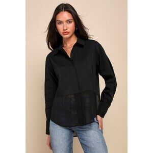 Lulus Sheer-ly Chic Black Semi-sheer Long Sleeve Button-up Top - Size S